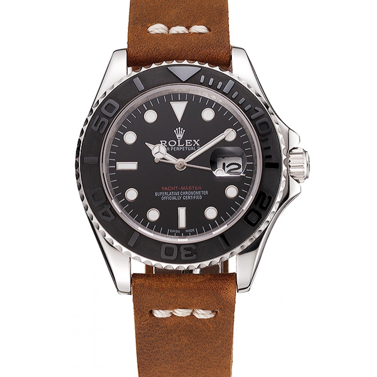 Aaa replica Rolex Master Yacht Black Case Bracelet 1453859 Dial Brown Leather Silver 0622